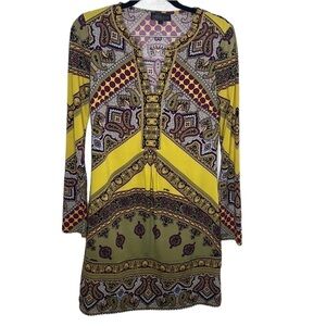 Hale Bob Bright Paisley Pattern Gold Long Sleeve Dress Sz S SPOT